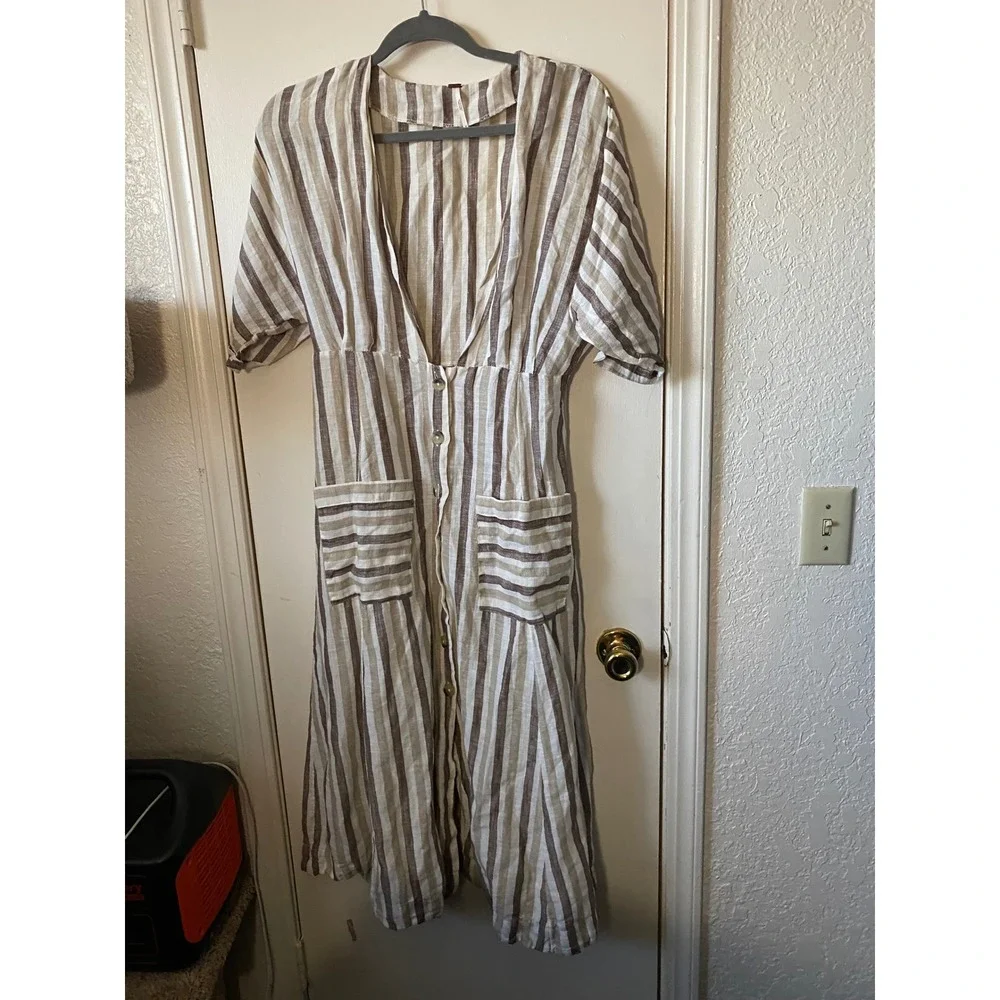 Free People Striped Midi Dress in Cream and Taupe